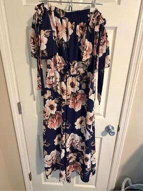 Navy Floral Off-Shoulder Maxi Jumpsuit